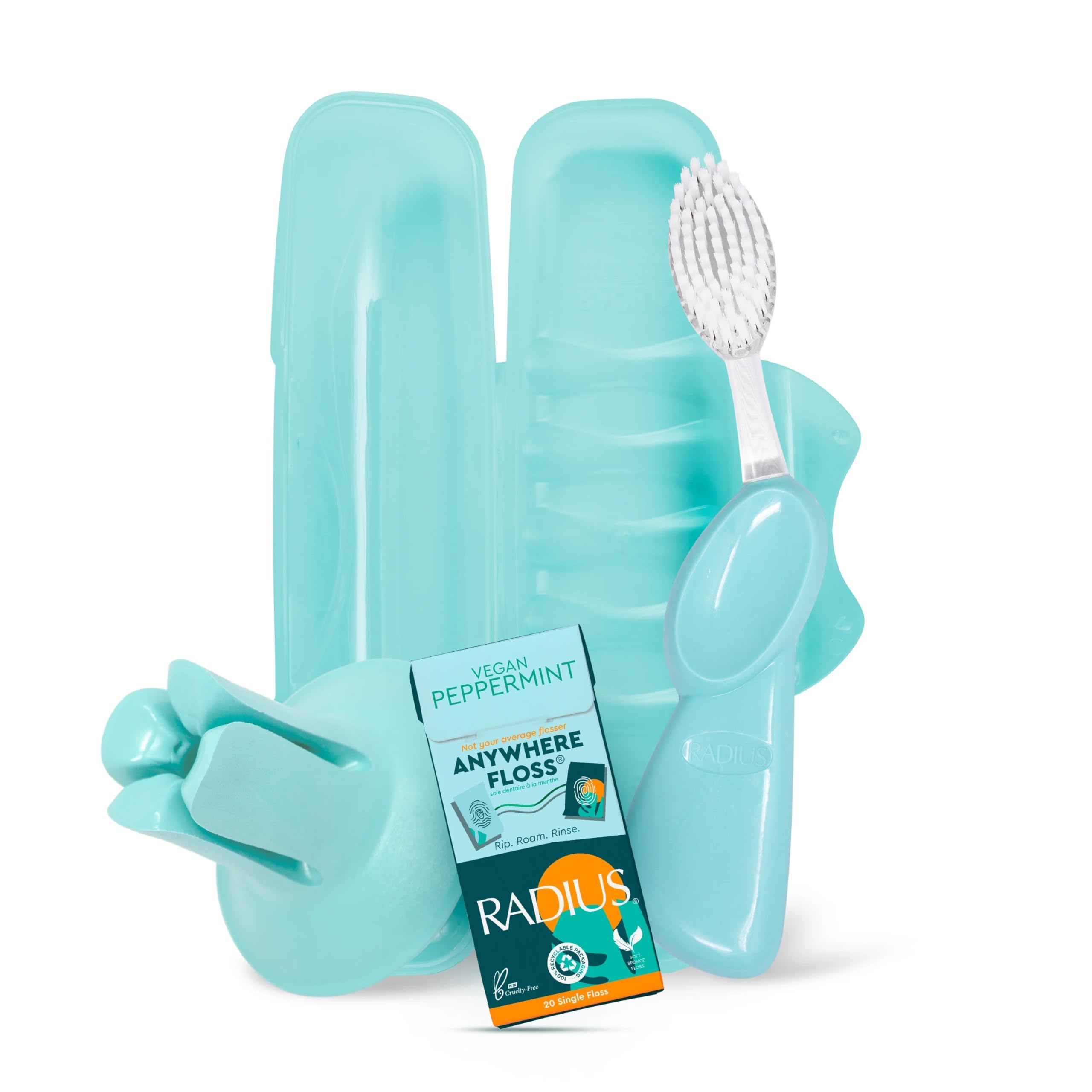 Photo 1 of RADIUS Vacation Pastel Bundle, Includes Left Handed Big Brush with Replaceable Head, Toothbrush Travel Case, DOC Toothbrush Holder, Anywhere Travel Floss Packette, Mint Green, 4 Piece Bundle