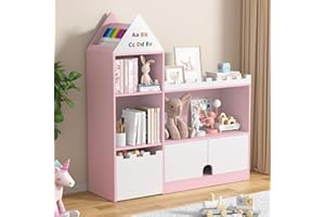 Decofy Toy Storage Organizer, Wood Kids Castle Bookshelf, 6 Cubby Children Bookcase, Montessori Book Shelf for Nursery, Playroom, Living Room [Size: 39.4" L* 11.8" W * 39.4" H] Pink