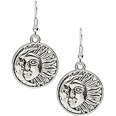Sun and Moon Face Charm Earrings, Handmade Antique Silver Boho Celestial Dangle Jewelry