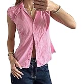 Women's Plaid Button Down Shirt Short Cap Sleeve V Neck Casual Blouse Tops for Woman