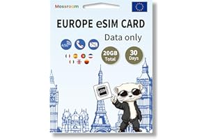 MOSSROAM Europe eSIM Card: 20GB High-Speed Data, 30 Days Prepaid Plan for 7 Countries, Hotspot Support | Ideal for Travel UK, France, Germany, Italy & More No Contract, No SIM Card,No Voice Call, No SMS