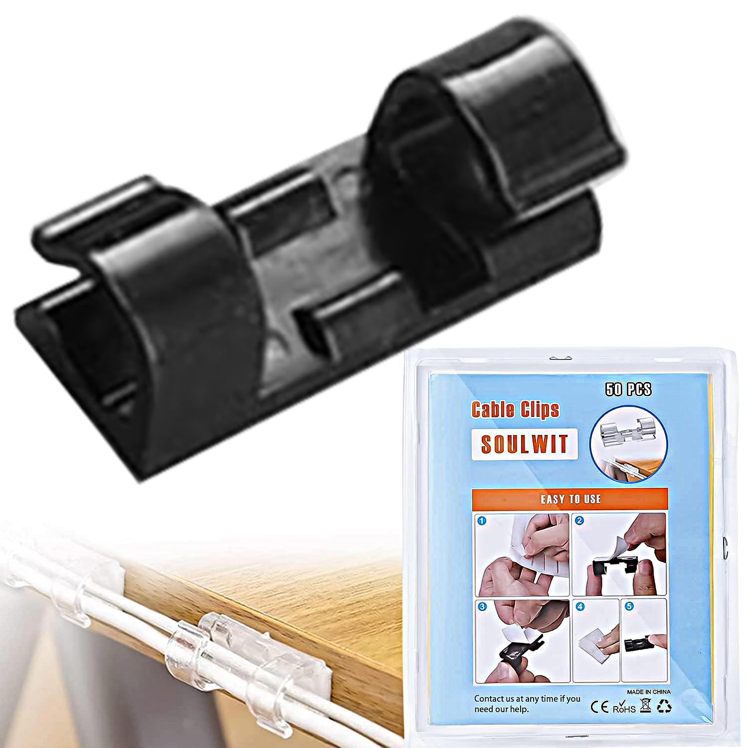 Photo 1 of SOULWIT 50 Pcs Self Adhesive Cable Management Clips, Cable Organizers Sticky Wire Clips Cord Holder for TV PC Laptop Ethernet Cable Desktop Home Office (Black)