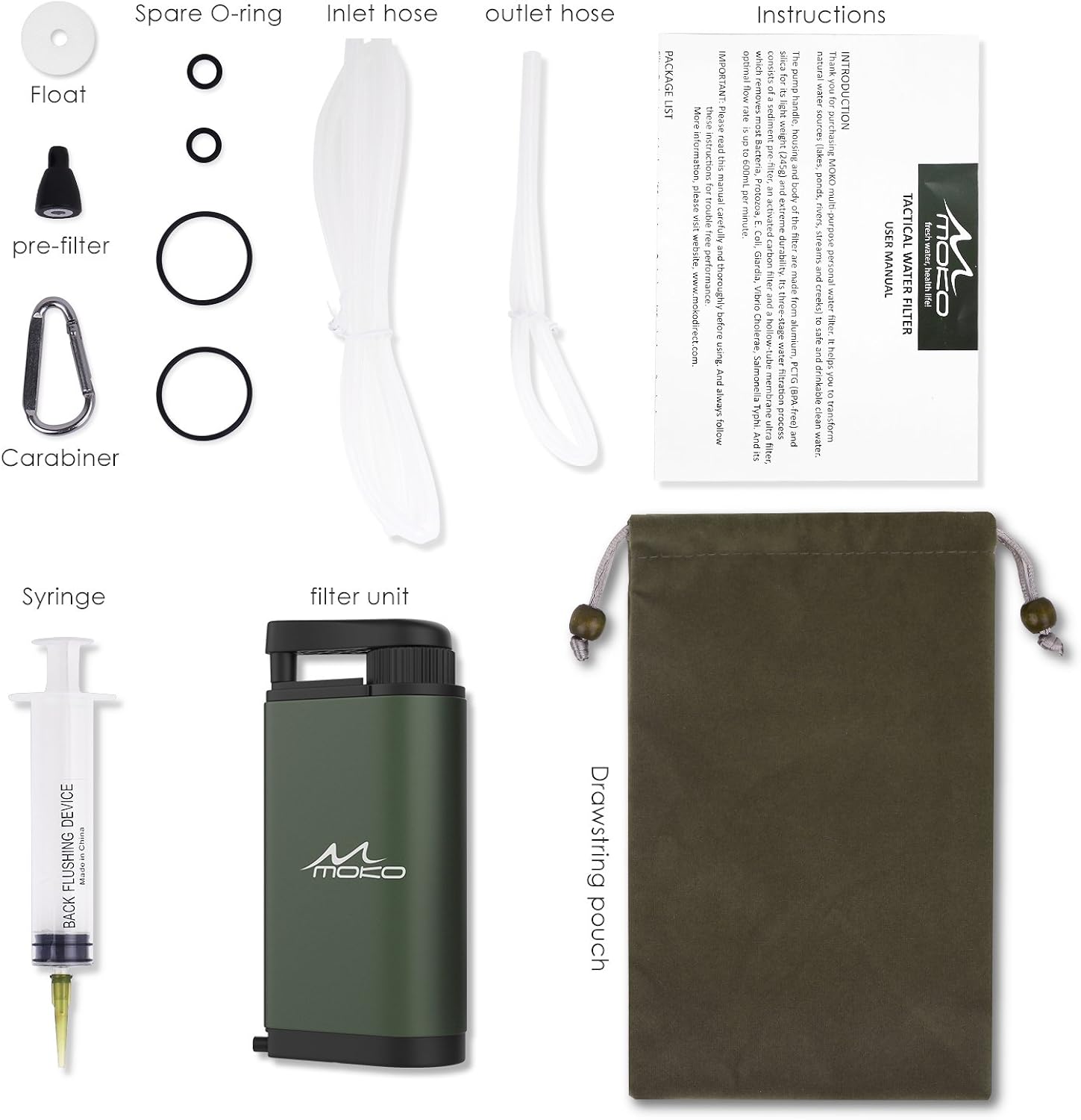 MoKo Portable Water Filter, Emergency Personal Camping Water Purifier, with Internal Carbon and Ultra Filter Assembly, 0.01 Micron Absolute Hollow Fiber Membrane, BPA Free, Matte Finish Army Green : Clothing