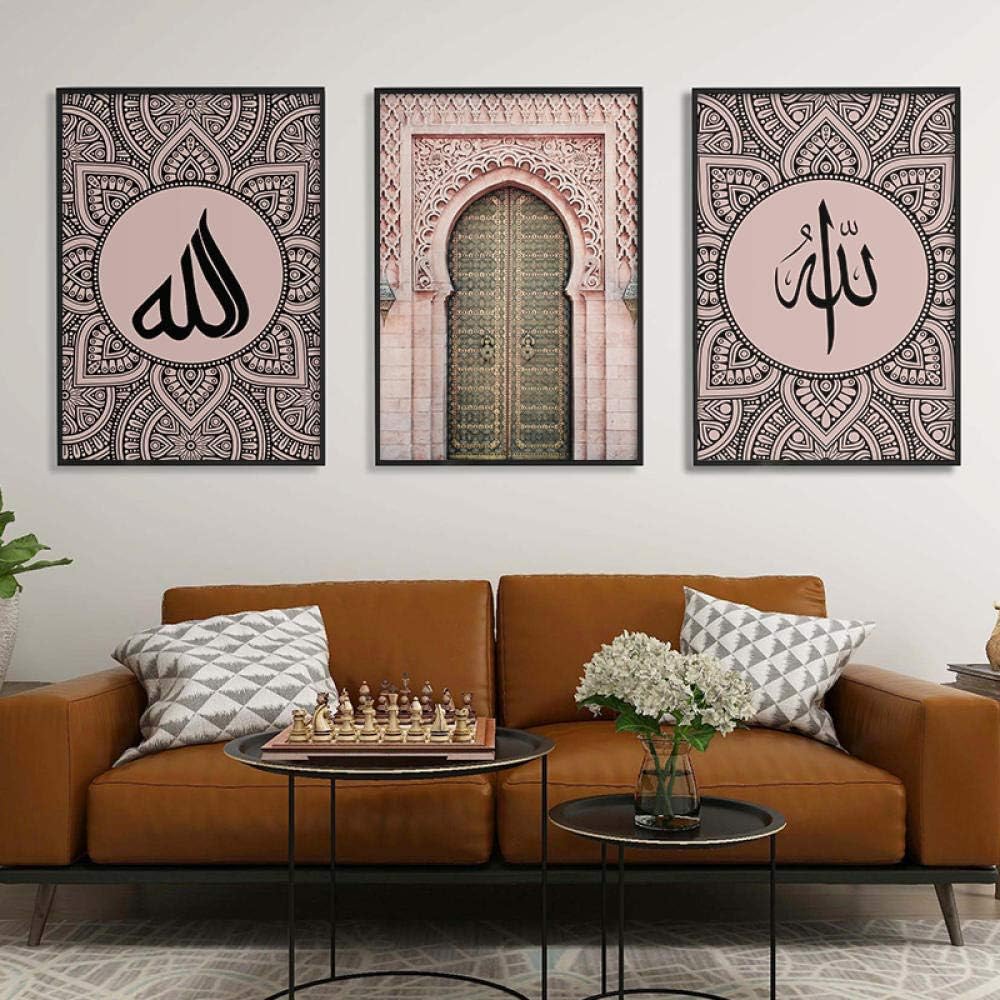LMYBDBNZD Allah Islamic Ramadan Wall Art Pictures Canvas Painting Morocco Door Quote Muslim Mosque Decor-50x70cmx3 pcs no Frame