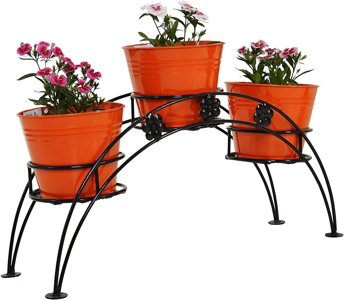 Green Gardenia Iron 3 Tier Pot Stand with Metal Planter (Orange)