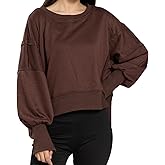 WayWholan Womens Crewneck Sweatshirts Cropped Long Sleeve Tops Oversize Loose Fit Tee Side Slit Pullover Tshirt