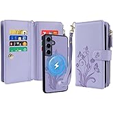 Lacass for Samsung Galaxy S24+ Plus Case Wallet,Compatible with MagSafe 2 in 1 Magnetic Detachable PU Leather RFID Blocking Wallet Cover Card Holder Zipper Wrist Strap Lanyard,Floral Light Purple