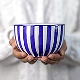 City to Cottage Handmade Ceramic Designer Navy Blue Stripe Cup, Unique Extra Large 17.5oz/500ml Pottery Cappuccino, Coffee, Tea, Soup Mug | Housewarming Gift for Tea Lovers