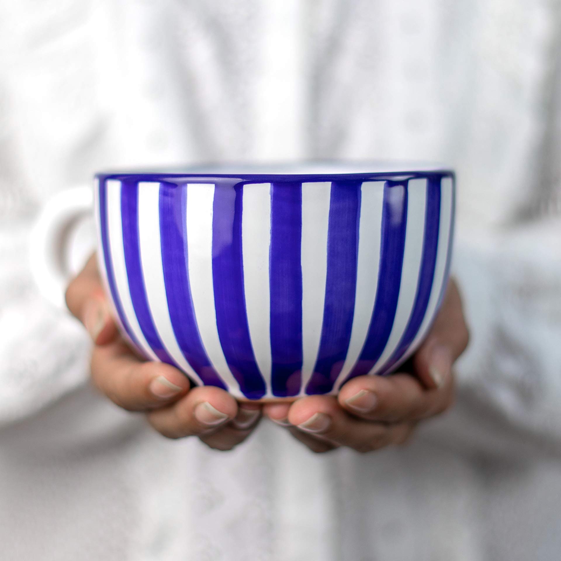 City to Cottage® Navy Blue Striped | Designer Handmade Hand Painted | Unique Ceramic Extra Large 17.5oz/500ml | Cappuccino Coffee Tea Soup Mugs Cups with Handle | Gift