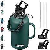BJPKPK Half Gallon Insulated Water Bottles with Straw Lid & Side Handle, 64oz Large, Stainless Steel Water Bottles with 3 Lids and Paracord Strap, Metal Water Jug,Army Green