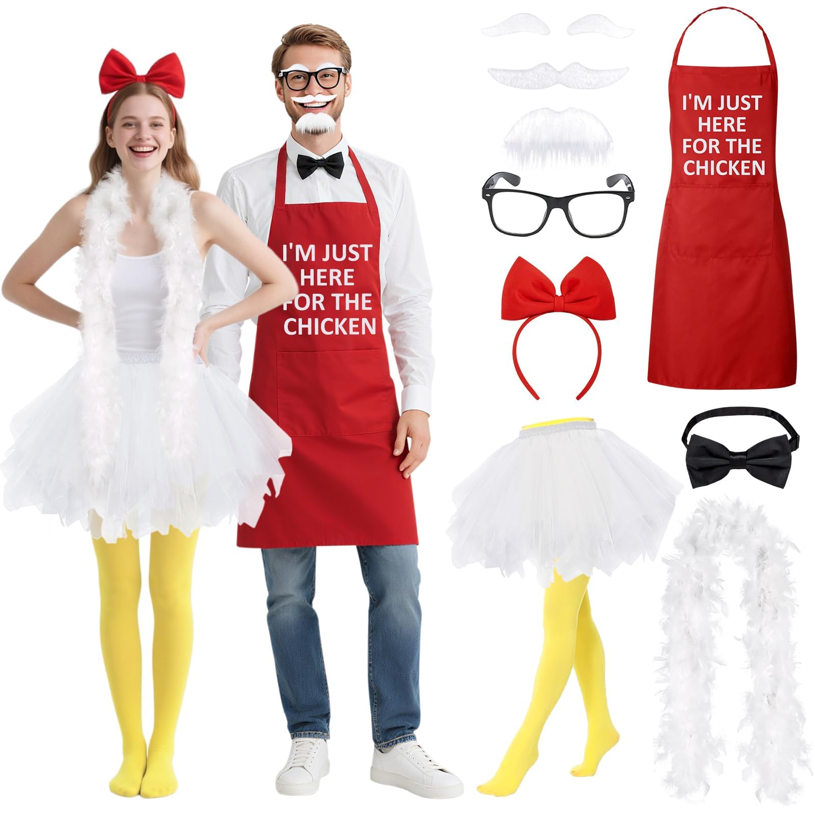 Photo 1 of 10 PCS Chicken Couple Costume, Couples Costumes for Adults Funny, Tutu Skirts, Yellow Opaque Tights, Feather Boa, Black Glasses, Bow Tie, Red Apron, Mustache Eyebrows Duo Costumes for Best Friends