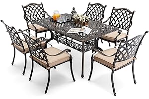 AILISMAIL 𝗔𝗶𝗹𝗶𝘀𝗺𝗮𝗶𝗹 7 Piece Outdoor Dining Set Cast Aluminum Retro Patio Dining Set for 6 includes 59” Rectangular Table and 6 Chairs with Thicker Cushions and Umbrella Hole for Patio Deck Garden