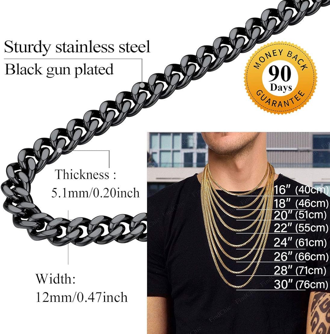 FindChic Black Chain Necklace for Women, Chunky Black Hiphop Jewelry Curb Chain Necklace Thick 12MM 18inch Cuban Link Chains for Boys | 