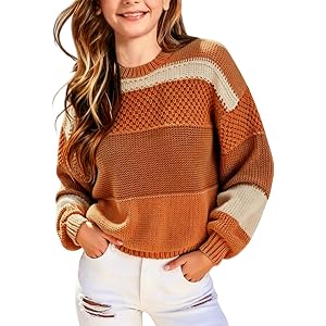 Girls Chunky Knit Striped Winter Fall Sweaters Casual Long Sleeve Crew Neck Pullover Color Blocks Sweater Tops