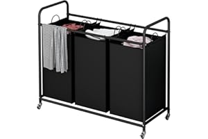 LINZINAR 3-Bag Laundry Basket Hamper Laundry Sorter Cart laundry room organization with Heavy Duty Rolling Lockable Wheels and Removable Bags (Black)