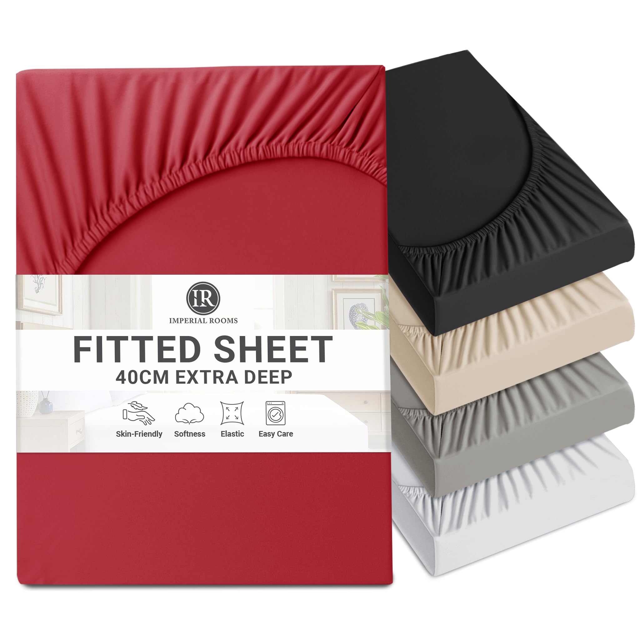 Imperial Rooms Fitted Sheet 40 Cm - Extra Deep Brushed Microfiber Bed Sheets Easy Care Soft Fitted Bed Sheet - Shrinkage and Fade Resistant (Red, King) — image 1