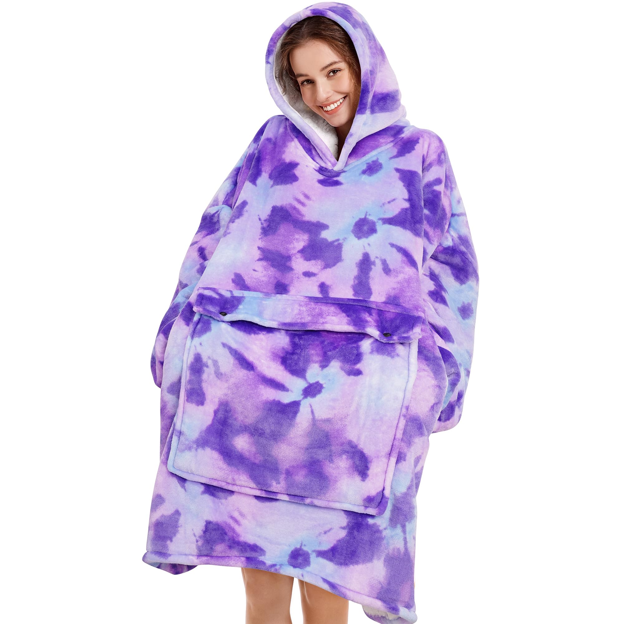 Narecte Oversized Blanket Hoodie Wearable Blanket Sweatshirt for Women Adults Soft Hooded Blanket Warm Oversized Hoodie Blanket Birthday Gifts for Women Christmas Gift for Friends Female TieDye Purple Image