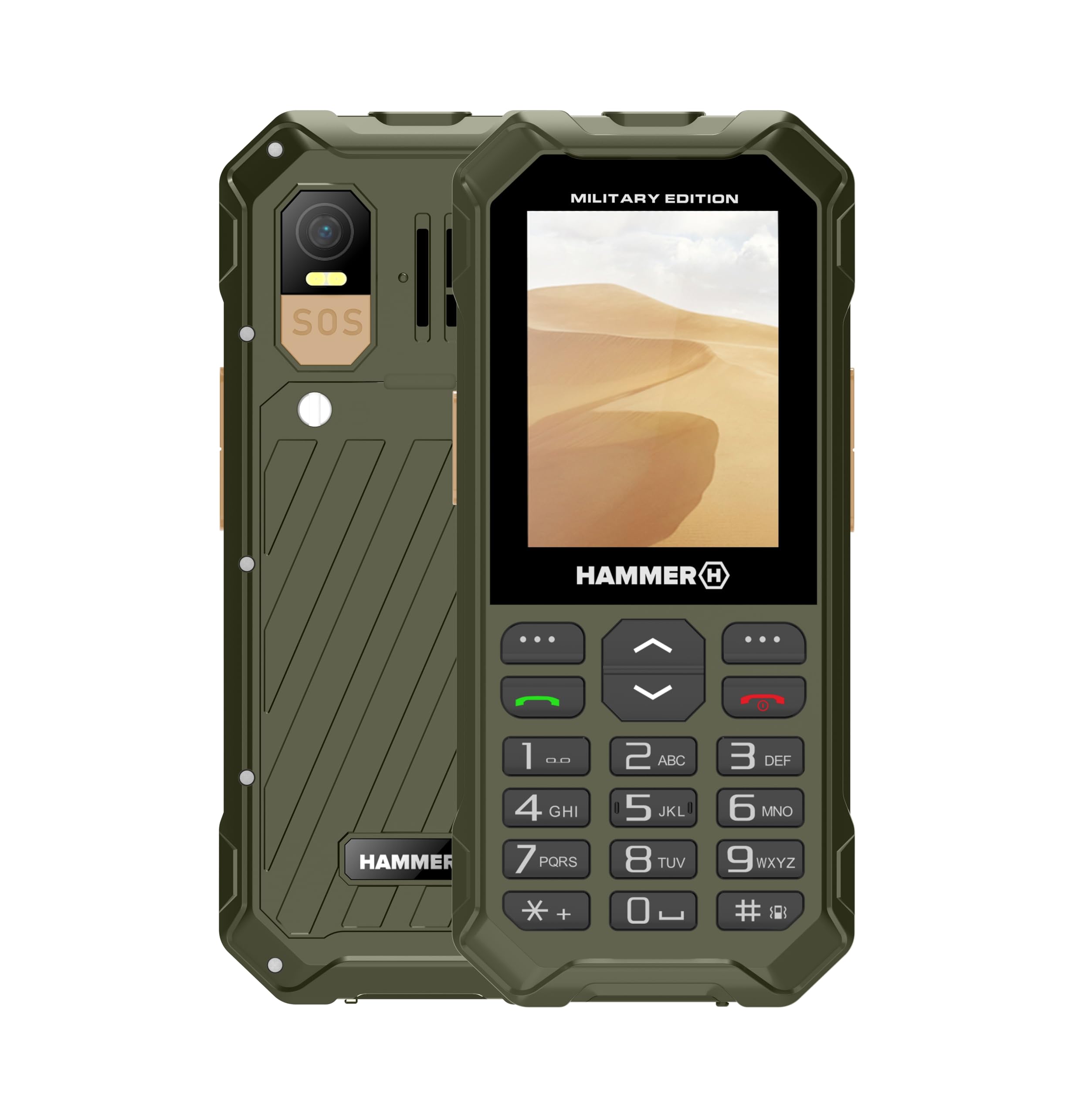 Button Phone Hammer 6 LTE Military Edition, Large Battery 2500 mAh up to 7 Days Standby, Torch and SOS Button, Volt Technology, Illuminated Buttons, IP68 1.5 Metre Drop Test, 2.4 Inch Screen