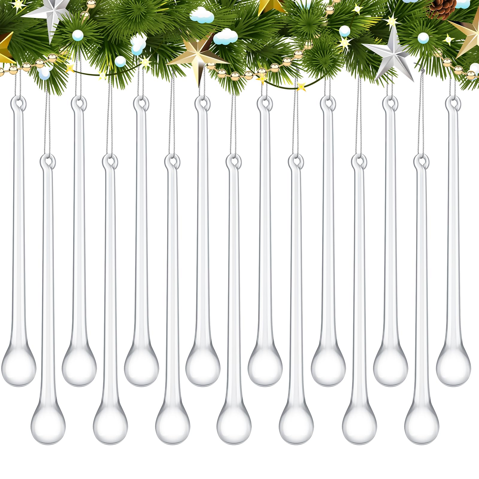Photo 1 of Ninehaoou 48 Pcs Glass Icicles Christmas Ornaments 4.72'' x 0.59'' Extra Long Clear Teardrop Christmas Chandelier Decorations Crystal Hanging Ornaments Glass Raindrops for Xmas Tree Decor Party