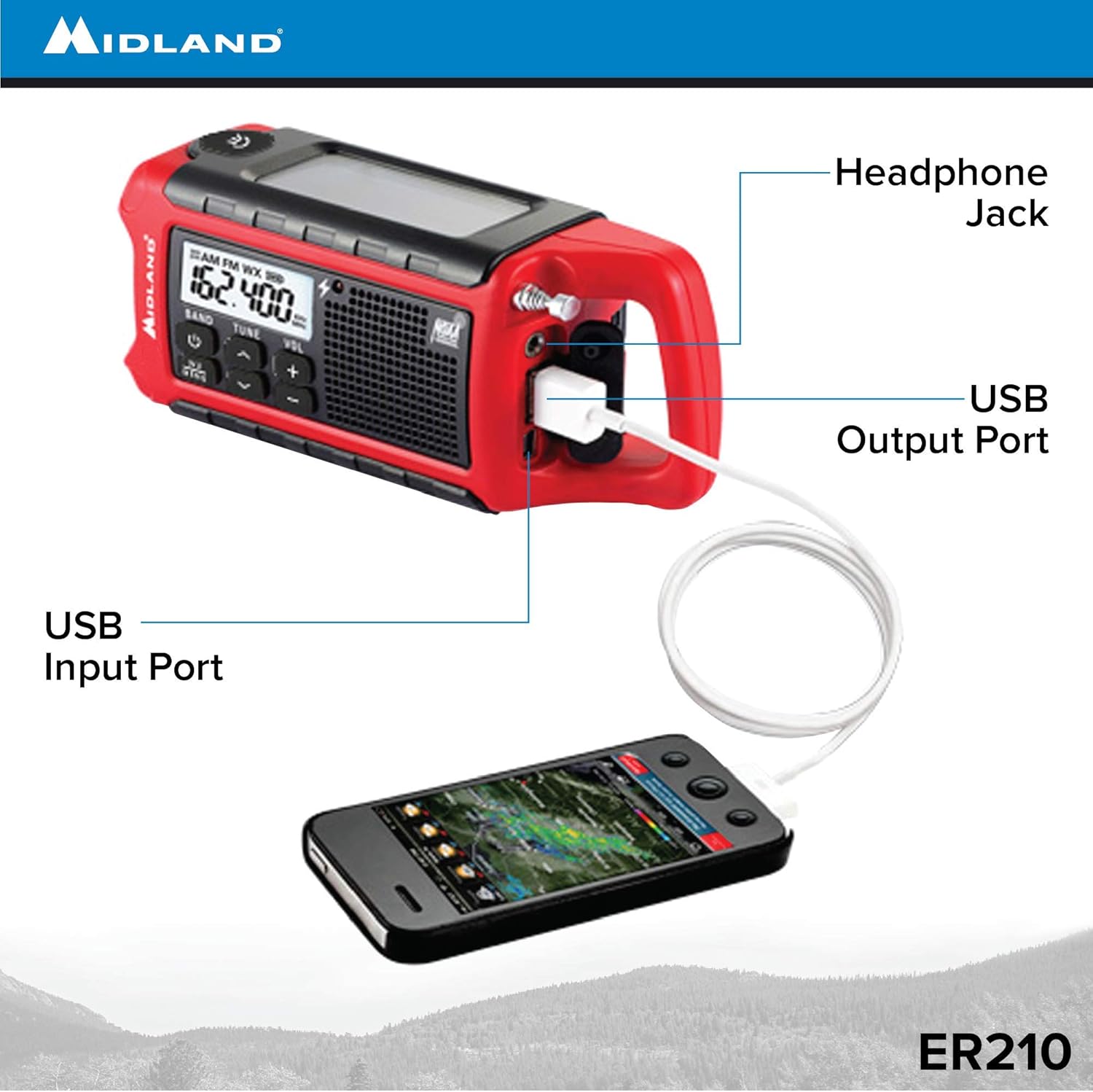 Midland - ER210, Emergency Compact Crank Weather AM/FM Radio - Multiple Power Sources, SOS Emergency Flashlight, NOAA Weather Scan + Alert, & Smartphone/Tablet Charger (Red/Black): Home Audio & Theater