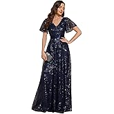 Ever-Pretty Women's V-Neck Sequin Embroidered Short Sleeve Floor-Length A-Line Empire Waist Evening Dresses 02314
