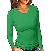 PALINDA Womne's Ribbed Round Neck Slim Fitted T Shirts Basic Solid Long Sleeve Layering Tee Tops
