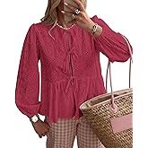 KIRUNDO Babydoll Tops for Women Long Sleeve Tie Front Eyelet Going Out Peplum Cute Cotton Shirts 2025 Fall Dressy Blouses