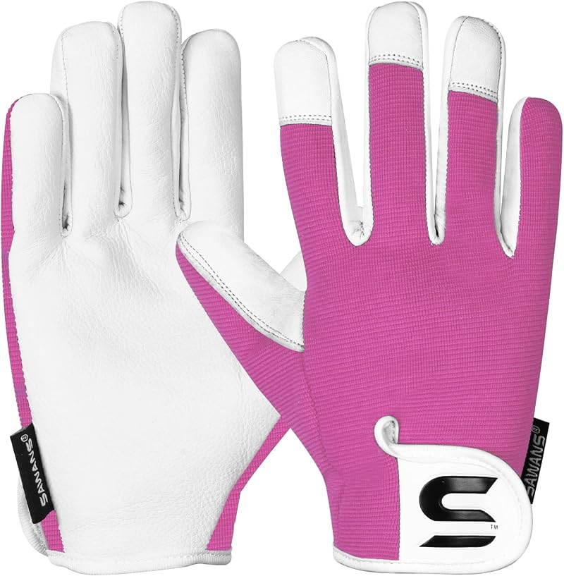 SAWANS Leather Gardening Gloves Thorns Proof for Women Men Pink M