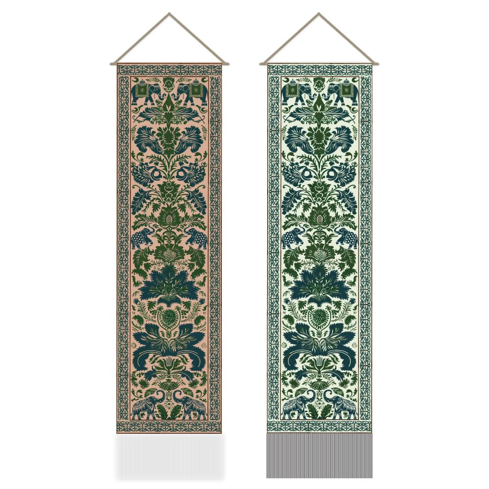 AHANDMAKER 2pcs Green Indian Pattern Elephant Print Long Vertical Wall Tapestry, Bohemian Tassel Mystic Aesthetic Wall Hanging for Bedroom & Living Room (45.7x13 Inch)