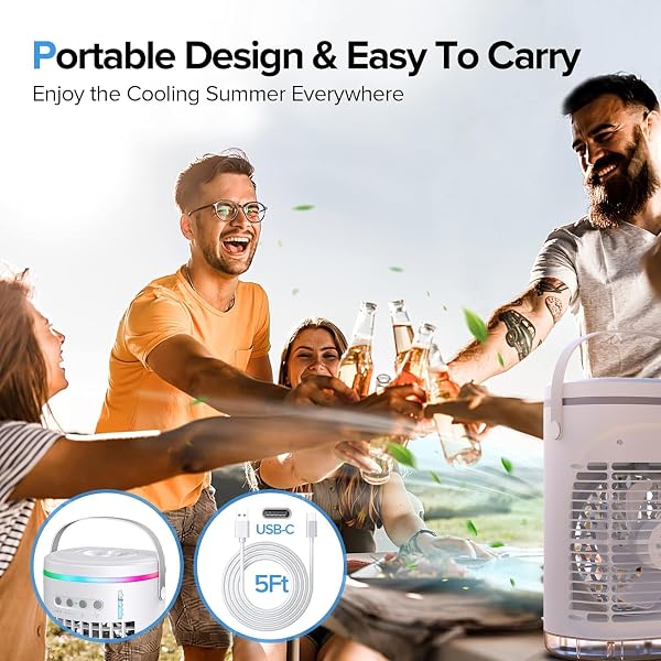 MINI EVAPORATIVE AIR COOLER,3-IN-1 PORTABLE SMALL AIR CONDITIONER AC UNIT WITH 1400ML WATER TANK,POWERFUL 3 SPEEDS 7 COLORS LED PERSONAL AIR CONDITIONER WI/TIMER(WHITE)