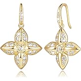 Eloqueen 14K Gold Earrings for Women Gold Dangle Earrings for Women Flower Earring with Cubic Zirconia Elegant and Good Fortunate Four-Leaf Flower CZ Drop Earring for Womens Dangling