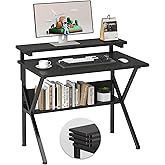 COTUBLR Small Desk, 27.5 Inch Small Computer Desk for Small Spaces, Computer Desk with Adjustable Monitor Stand, Compact Desk with Storage, Tiny Desk Study Desk for Bedroom Home Office, Black