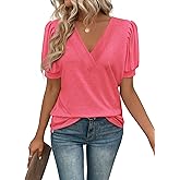 Enunube Short Sleeve V Neck Tops Women Beach Fashion Y2K T Shirts Lightweight Soft Tees Tunic Casual Loose Fit Blouse Classic Summer Blouses Outfits 2026, Watermelon Red, M-Old