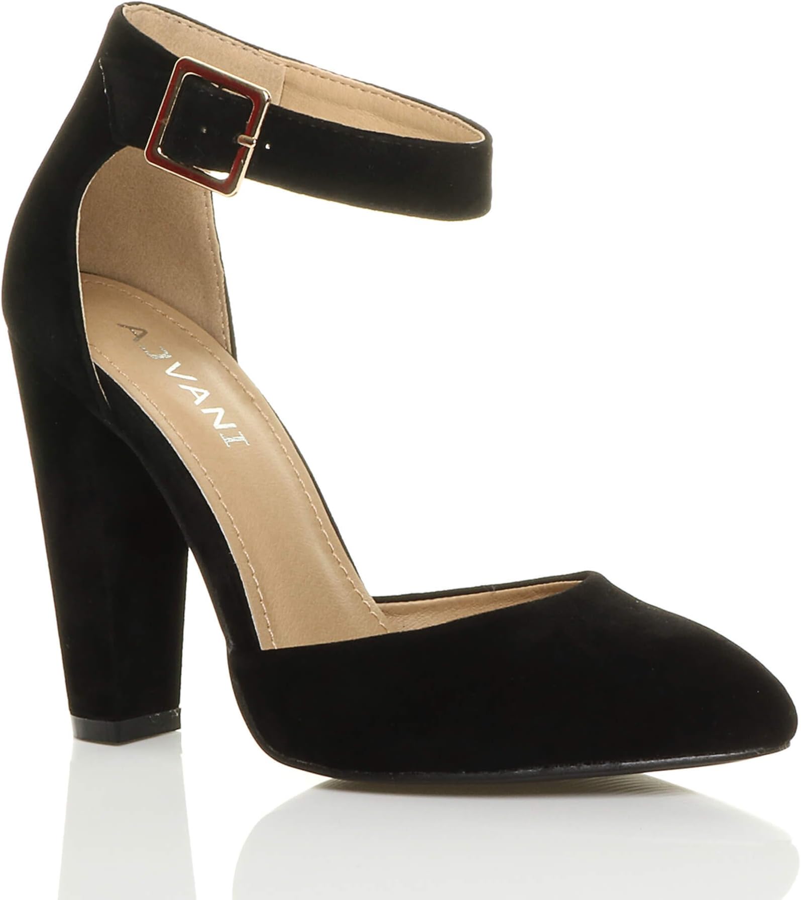 AJVANIWomens Ladies high Block Heel Cuff Ankle Strap Buckle Pointed Court Shoes Pumps Sandals Size.