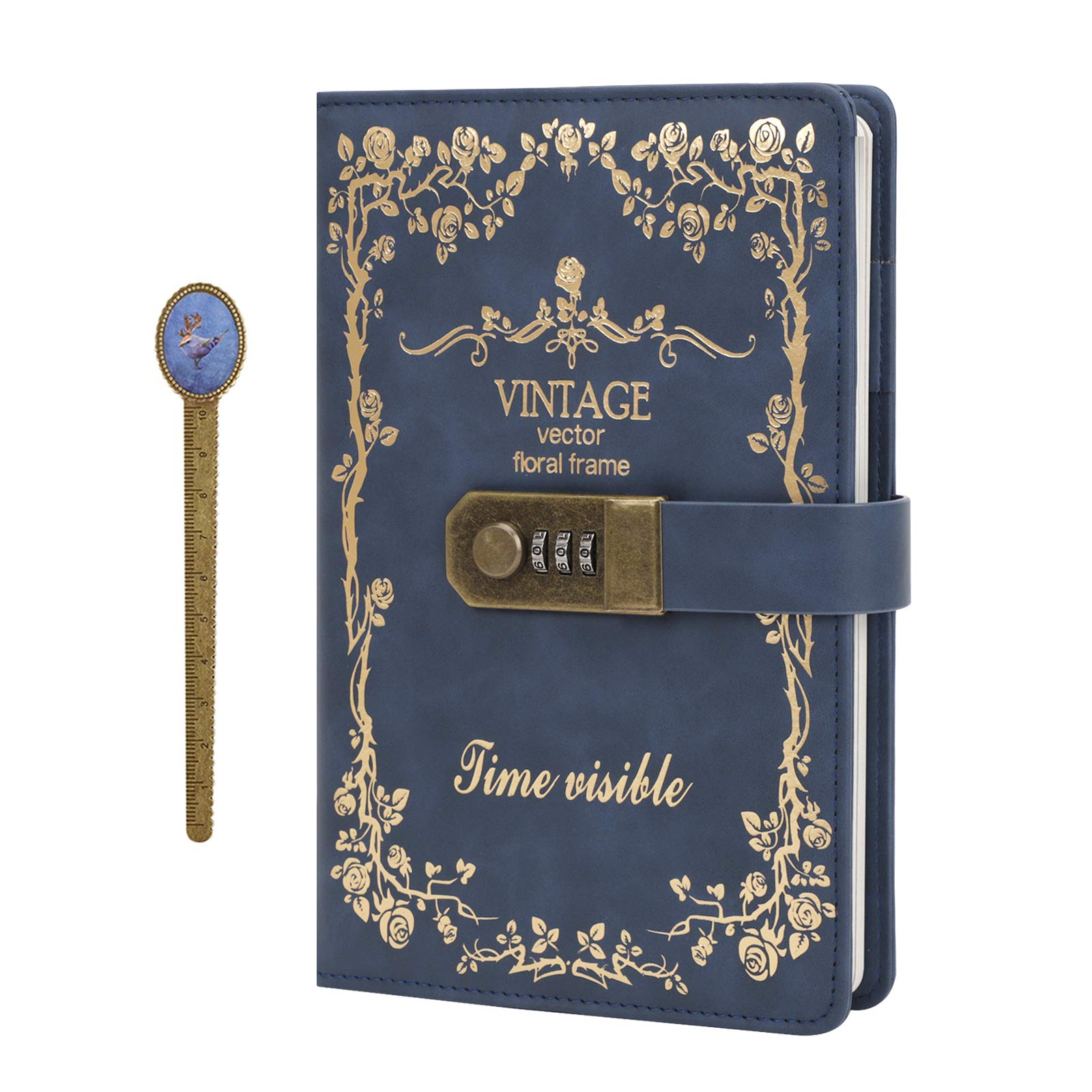 IPENNY A5 Vintage Leather Journal with Combination Lock Digital Password Journal with Bookmark Pen Loop Retro Privacy Notebook Writing Travel Diary Locking Journal, 100 Sheets (Style 6-Navy Blue)