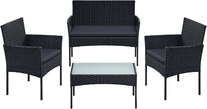 SONGMICS Garden Furniture Set Polyrattan Outdoor PE Wicker Black Grey GGF004B66