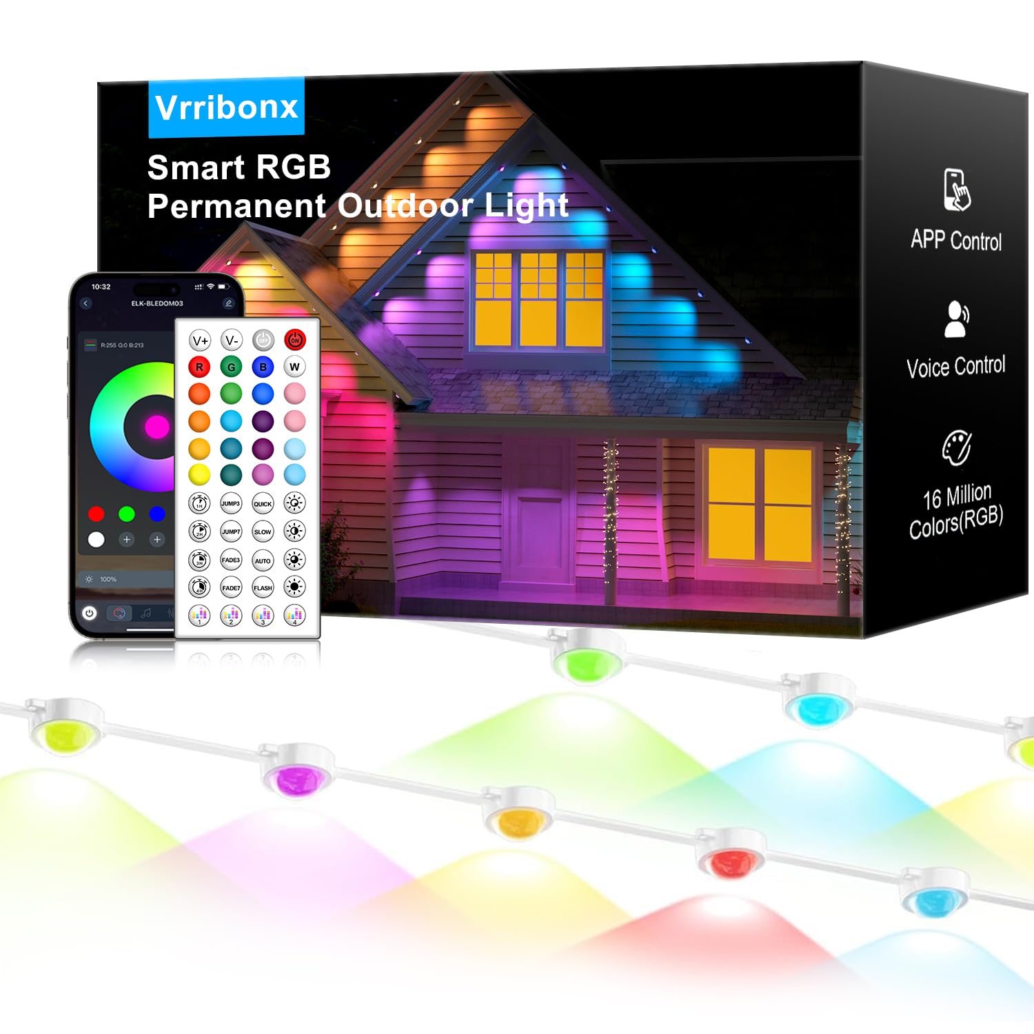 Photo 1 of 150FT Permanent Outdoor RGB Lights - IP65 Waterproof with Smart App Control Remote, DIY Scene Modes, Music Synchronization, Eaves Lights For Garden Decor, Deck, Christmas, Party, Party, Halloween,Roof