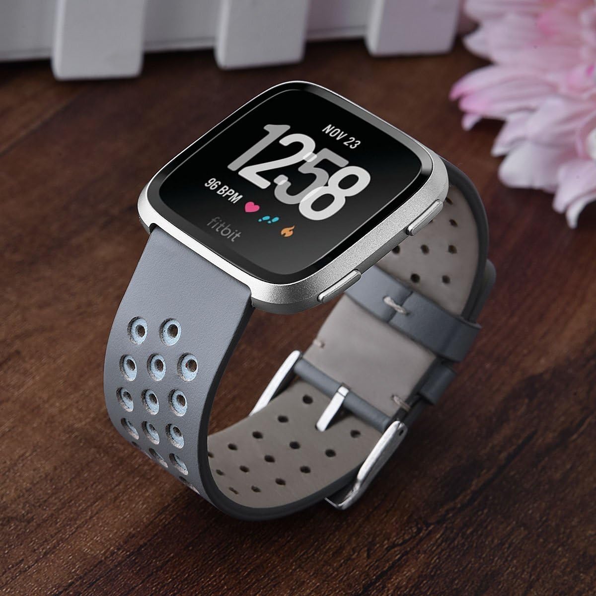 TOROTOP Band Compatible for Fitbit Versa 2 Band Leather Women,Breathable Genuine Leather Replacement Bands Bracelet Strap Accessories Wristbands for Versa 2 Fitness Smart Watch (Grey-Green)