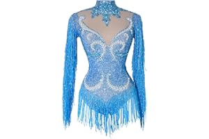 Tyian Sexy Sparkly Diamante Pearl Long Sleeves Fringe Women Bodysuit Team Performance Dance Club Pole Dance Drag Queen Outfit
