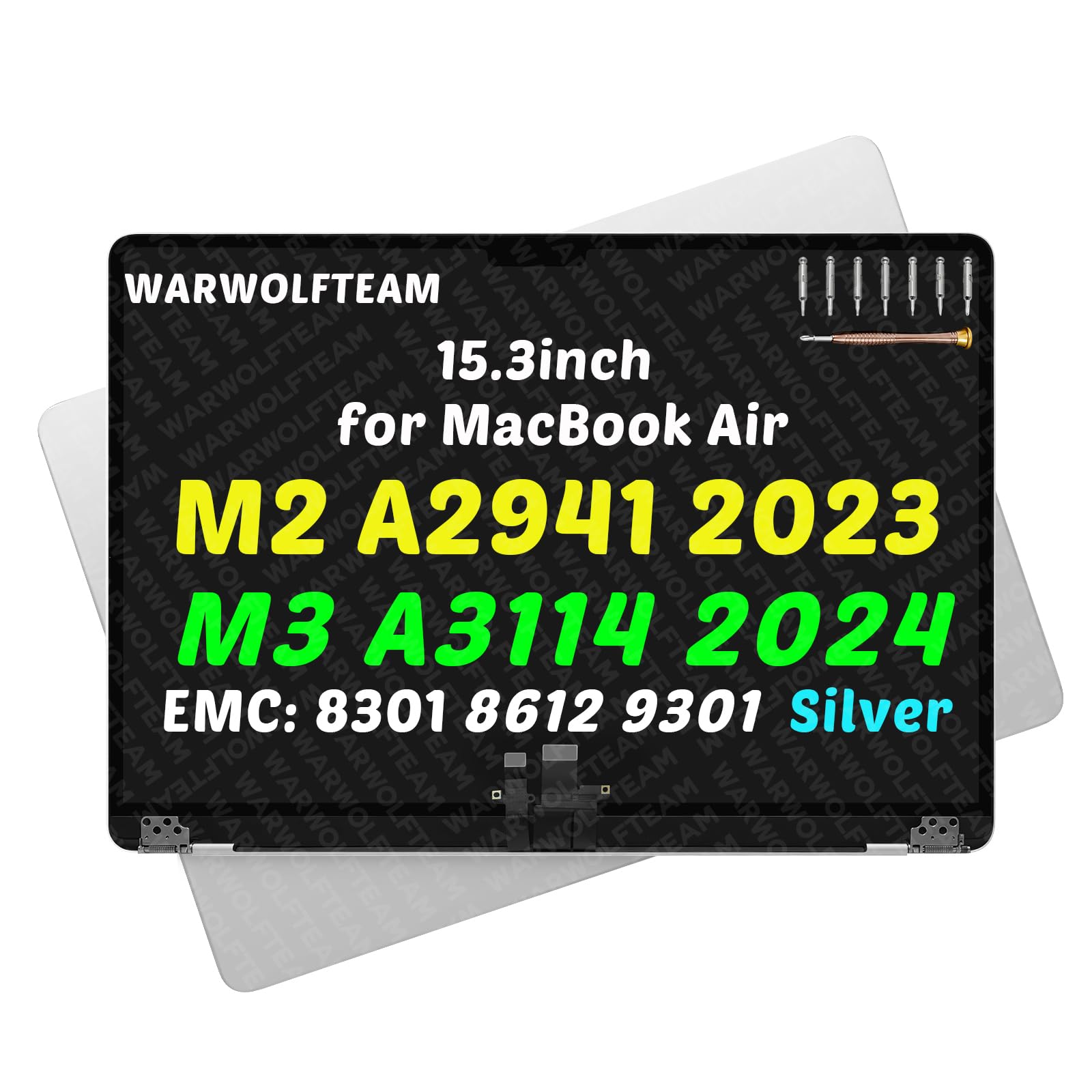 Photo 1 of WARWOLFTEAM 15.3inch Compatible with MacBook Air Retina A2941 2023 M2 EMC 8301 A3114 2024 M3 EMC 8612 EMC 9301 2880 x 1864 LCD Screen Display Replacement Complete Assembly (Silver)