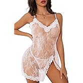 Kolagri Womens Sexy Lingerie Dress Set with Thong Sleepwear Front Slit Babydoll Chemise Sheer Nightgown