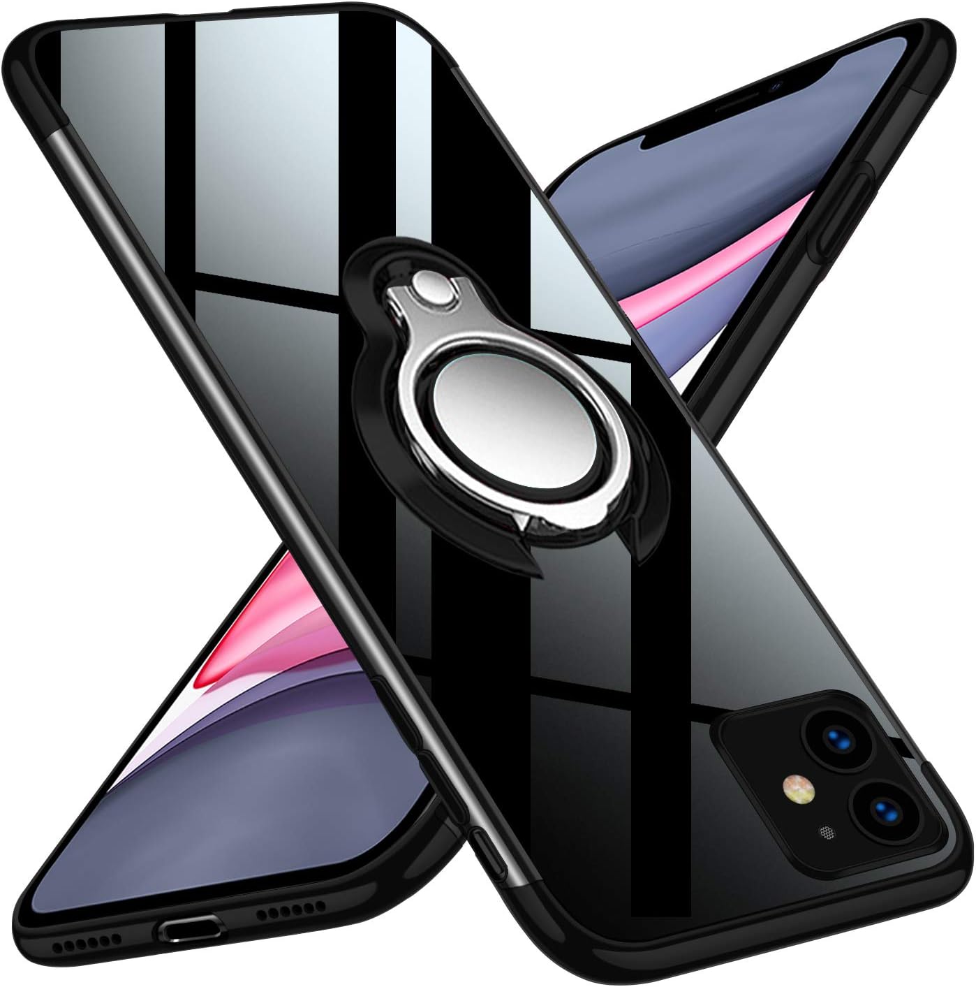 kadixini iPhone 11 Case, Crystal Clear TPU with 360 Degree Magnetic Ring Grip Holder Kickstand, Magnet Car Holder Cover for iPhone 11 - Black