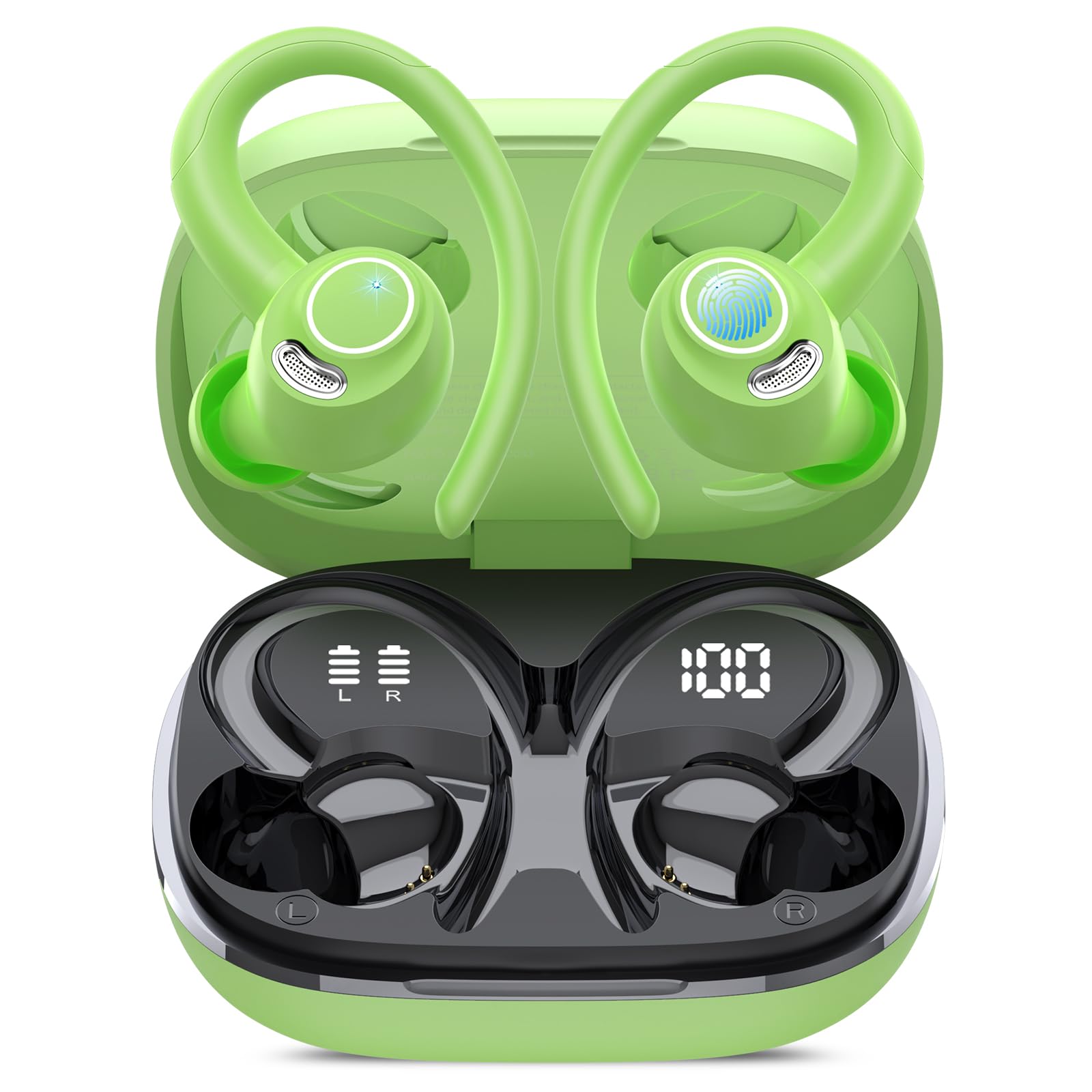 Wireless Earbuds, Bluetooth 5.4 Headphones Sport, Over Ear Buds With ENC Noise Cancelling Mic, 48H, Wireless Earphone With Earhooks, Stereo Deep Bass, IP7 Waterproof ear bud for Workout Running, Green Image