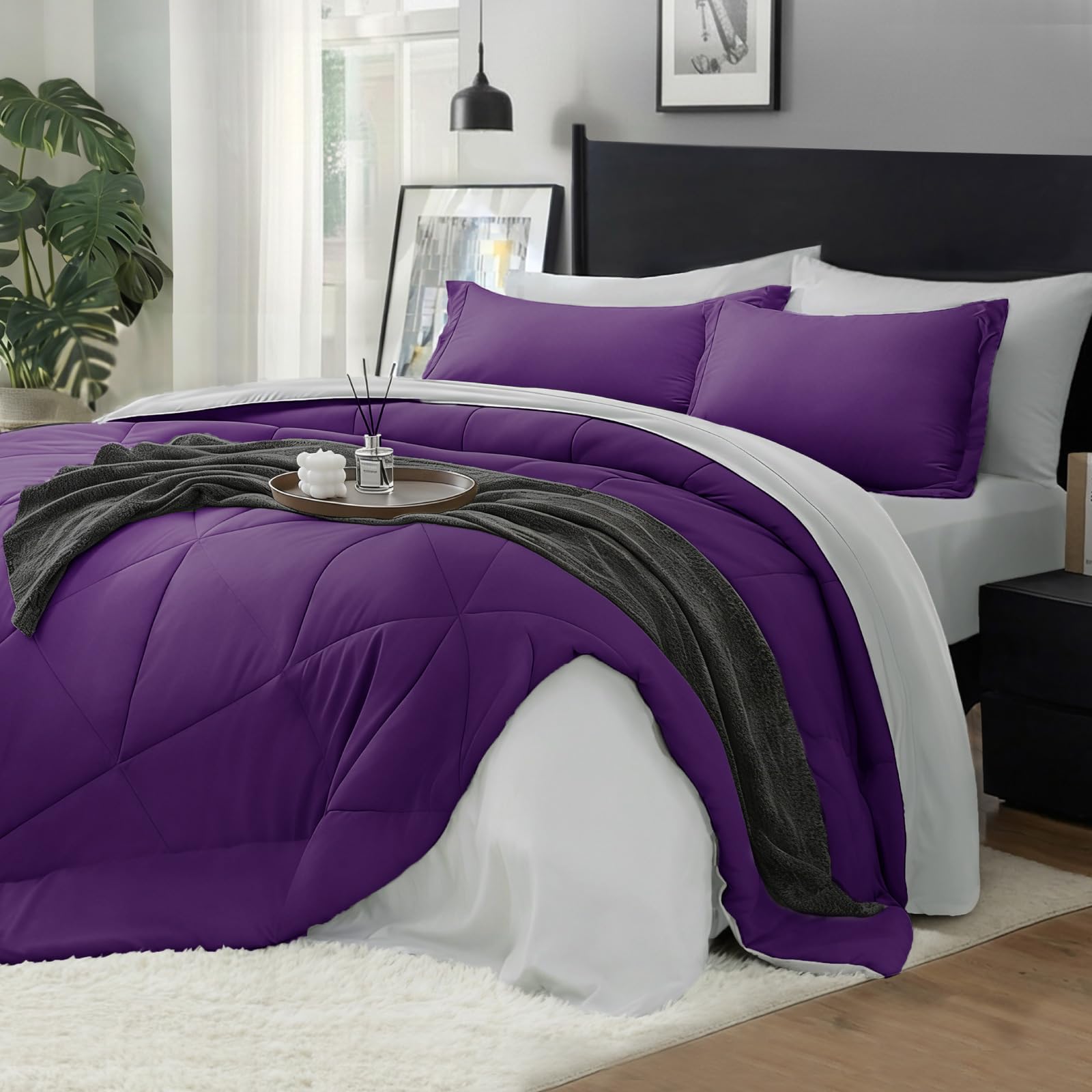 BEDELITE Queen Comforter Set 7 Pieces Bed in A Bag - Soft Microfiber Reversible Purple Bed Set with Comforters, Sheets, Pillowcases & Shams, Cozy Luxury Bedding Sets for All Season Image