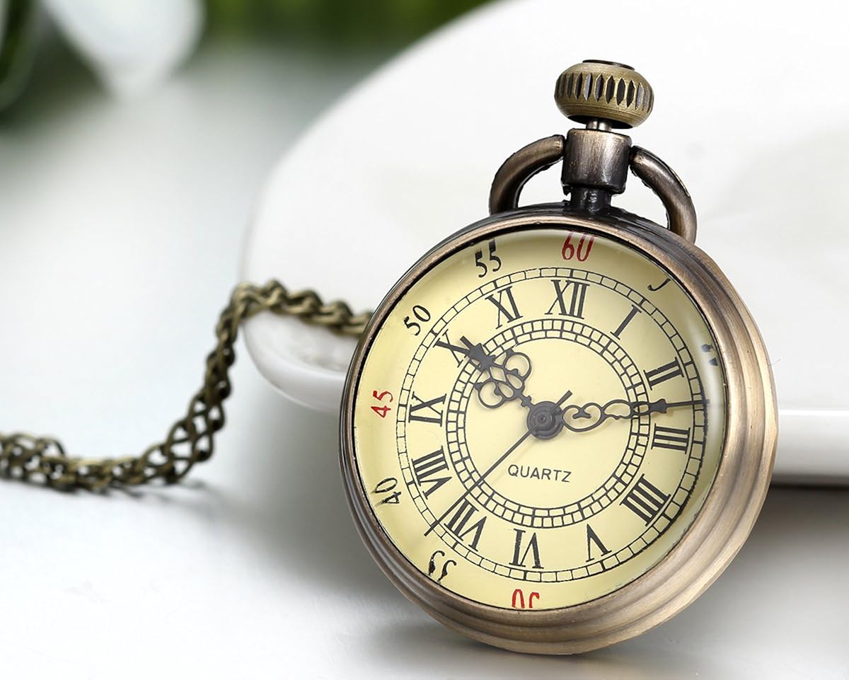 JewelryWe Retro Vintage Roman Numerals Dial Quartz Transparent Glass Lid Pocket Watch Long Necklace Pendant 31.7 Inch Chain (with Gift Bag) - Image 3
