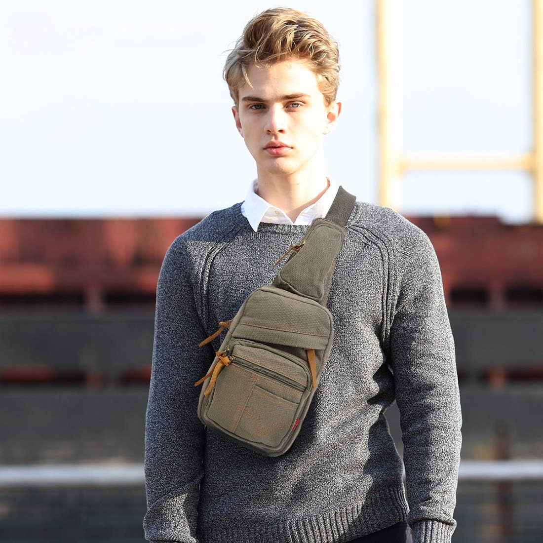 FANDARE Sling Bag Shoulder Bag School Travel Messenger Chest Bag Backpacks Chest Bag Men Women Canvas, Green Army, L, Leisure Backpack - Image 3