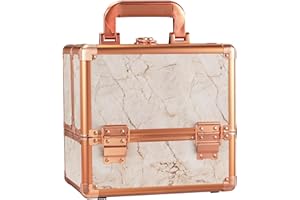 Costravio Makeup Train Case Rose Gold Cosmetic Box with Mirror & Brush Holder Home or Travel Organizer for Make-up and Jewelry Storage Box with 3-Tier Tackle Trays Portable Lockable Golden Marble