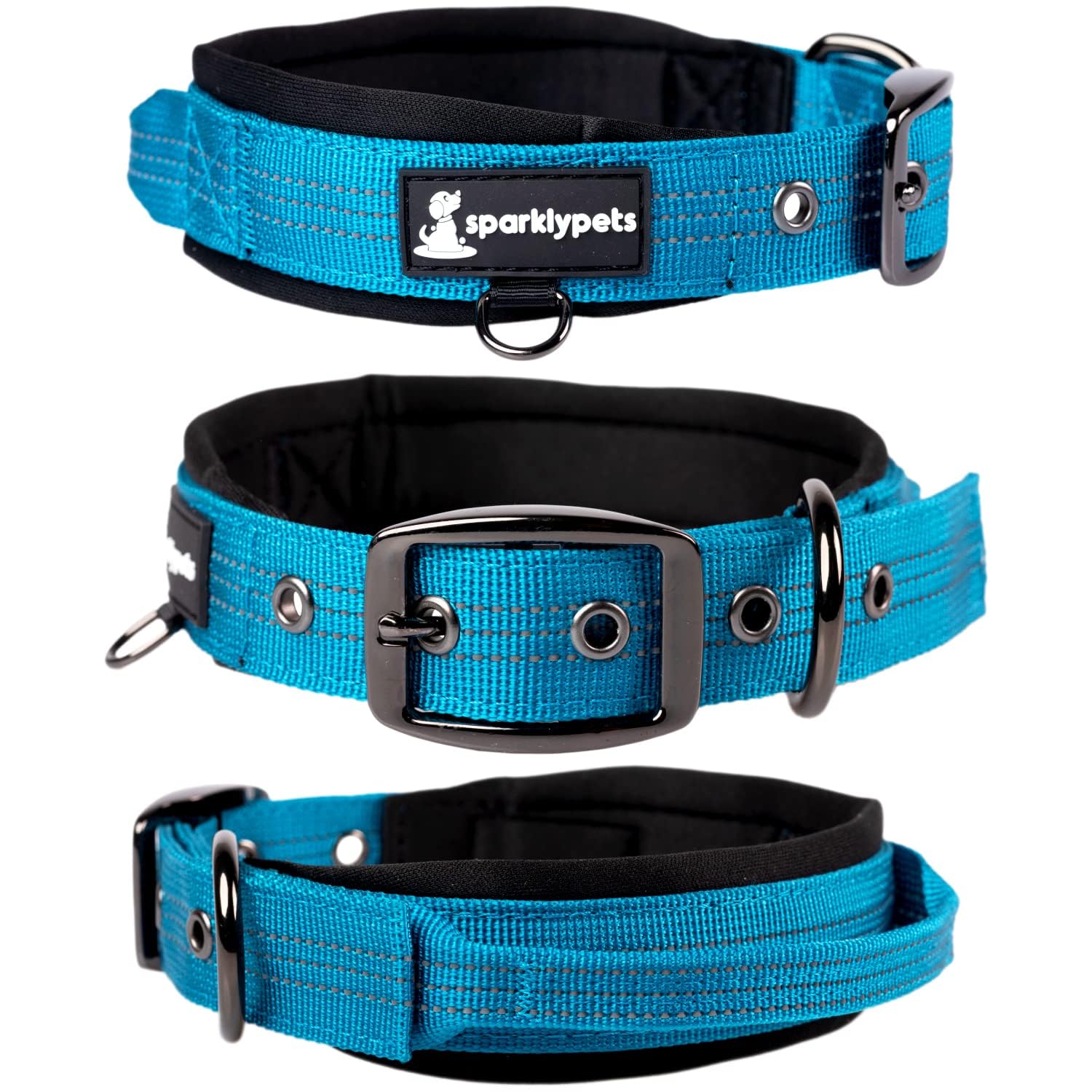 SparklyPets Heavy Duty Dog Collar with Handle for Medium and Large Dogs – Professional Collar with Reflective Stitches, Soft Handle & Nickel-Plated Buckle (Medium (14,5"~18,5"), Blue)