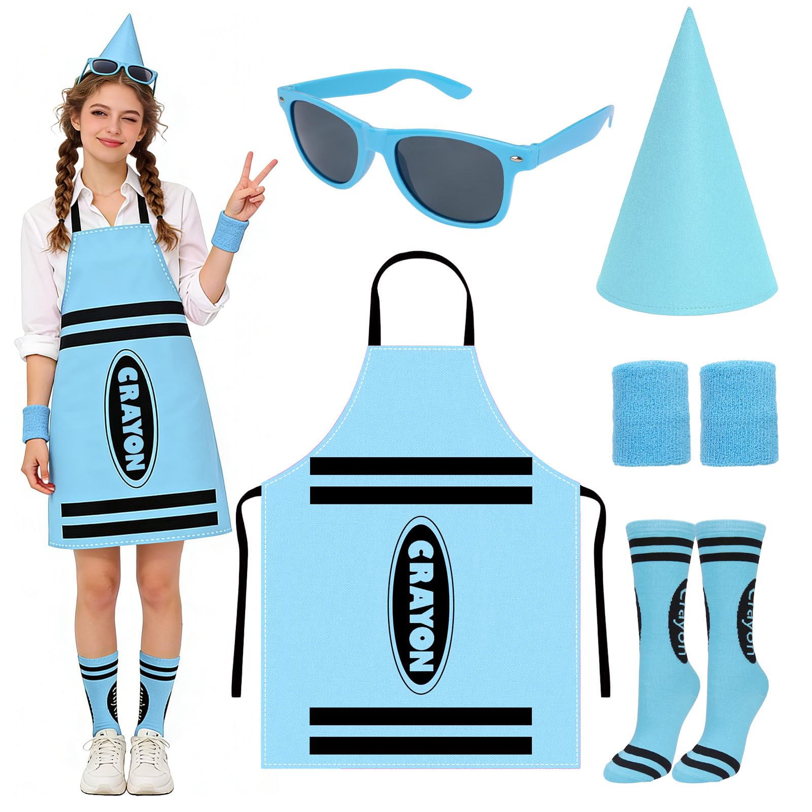 Dazzroi 5Pcs Adult Crayon Costume Set, Colourful Crayon Fancy Dress Kit with Cone Hat, Apron, Sunglasses, Wristbands, Stockings for World Book Day, Halloween, Group Theme Parties — image 1