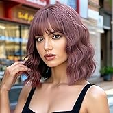 Earfodo Boteng Wigs for Women Purple Pink Short Wig with Bangs 14Inch Shoulder Length Synthetic Heat Resistant Colored Costume Wig for Halloween Cosplay Daily Party Use